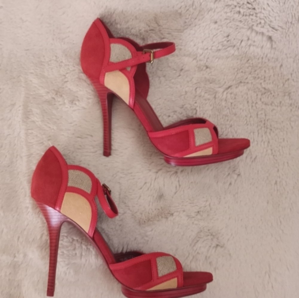 Tory Burch Suede Red Volcan Tan Tweed Art Deco Ankle Strap Heel 9.5 NWT